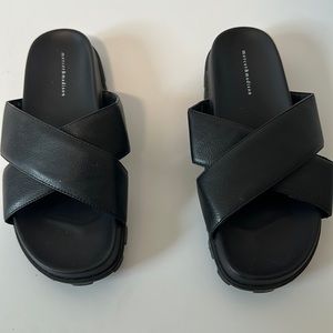 Mercer & Madison Rilla Vegan Faux Leather Cross Strap Footbed Lug Sole Sandals